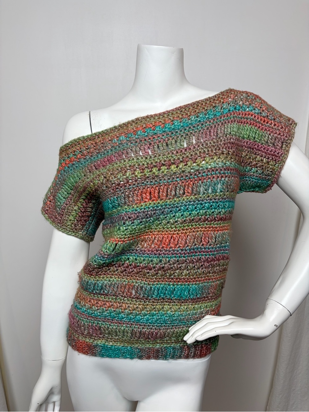 HAND CRAFTED T Shirt Crochet Sweater Multicolor Off the Shoulder